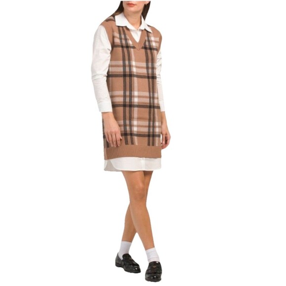 Tahari Plaid Brown Collared Two In One Long Sleeve Sweater Vest Dress Sm - Picture 1 of 16